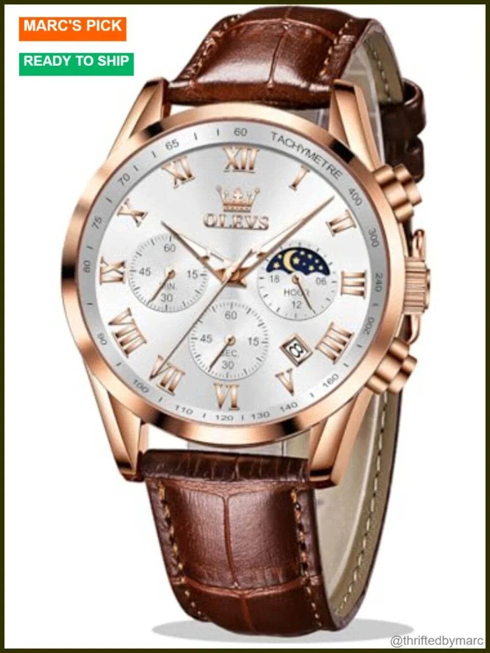 Leather Chronograph Wristwatch with Date, Luminous, Water Resistant